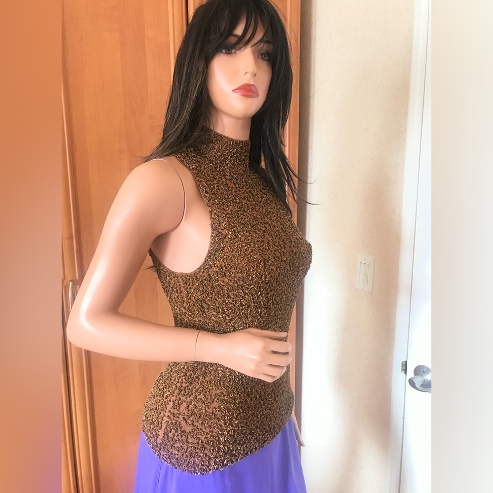 Carmen Mark Valvo New sleeveless turtleneck w/bronze matte sequence & beads sz S
